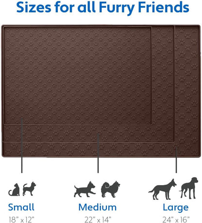 100% Waterproof Dog Food Mat, Raised Edges Silicone Pet Feeding Placemat for Cat, Dogs, Pet Bowls, High Lipped Tray Prevents Water Spills, Food on Floor, Dishwasher Safe, 24X16, Brown