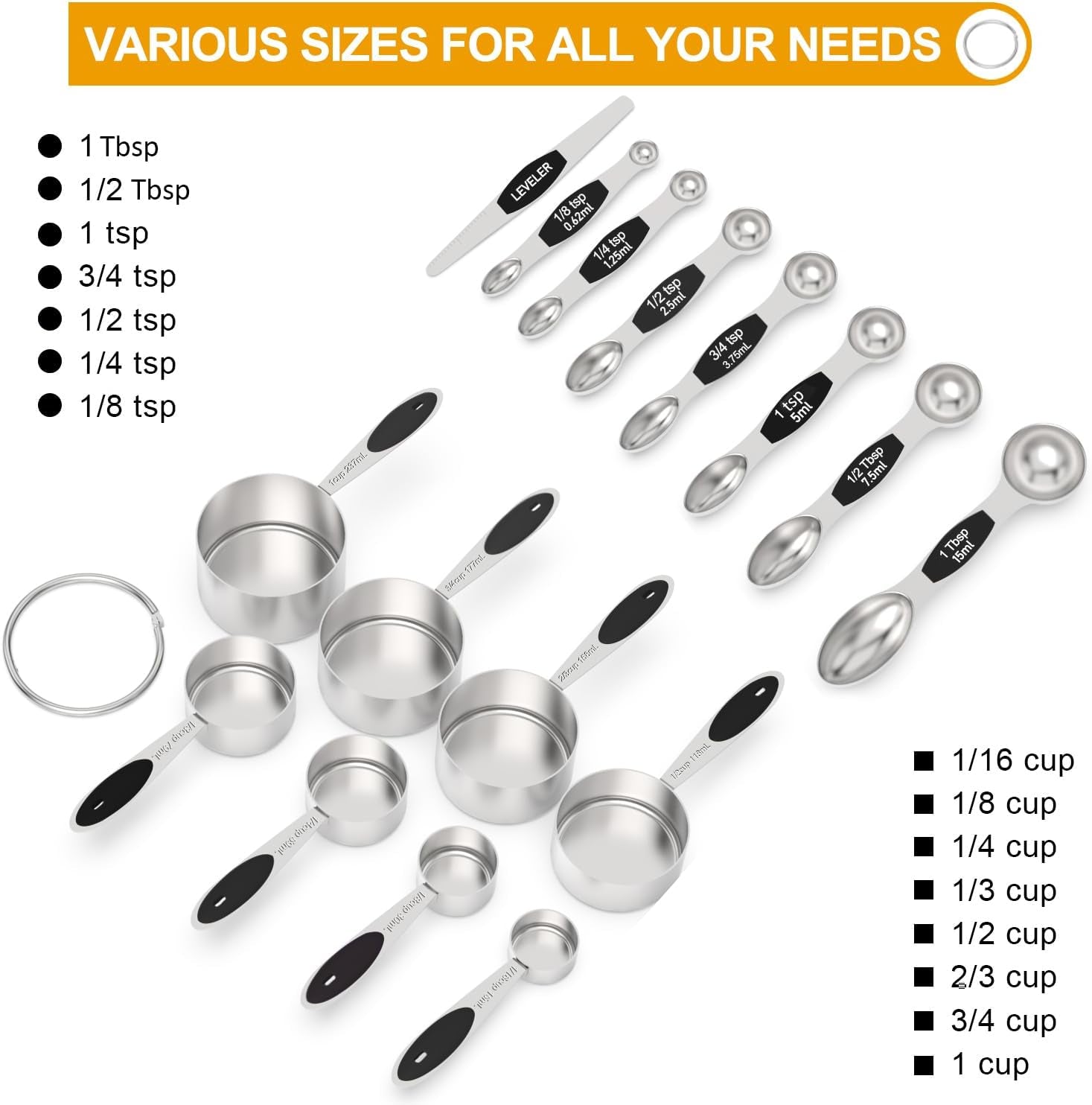 Measuring Cups and Magnetic Measuring Spoons Set,  Stainless Steel 8 Measuring Cups, 7 Double Sided Stackable Magnetic Measuring Spoons, 1 Leveler & 5 Mini Spoons - 21 Piece Black