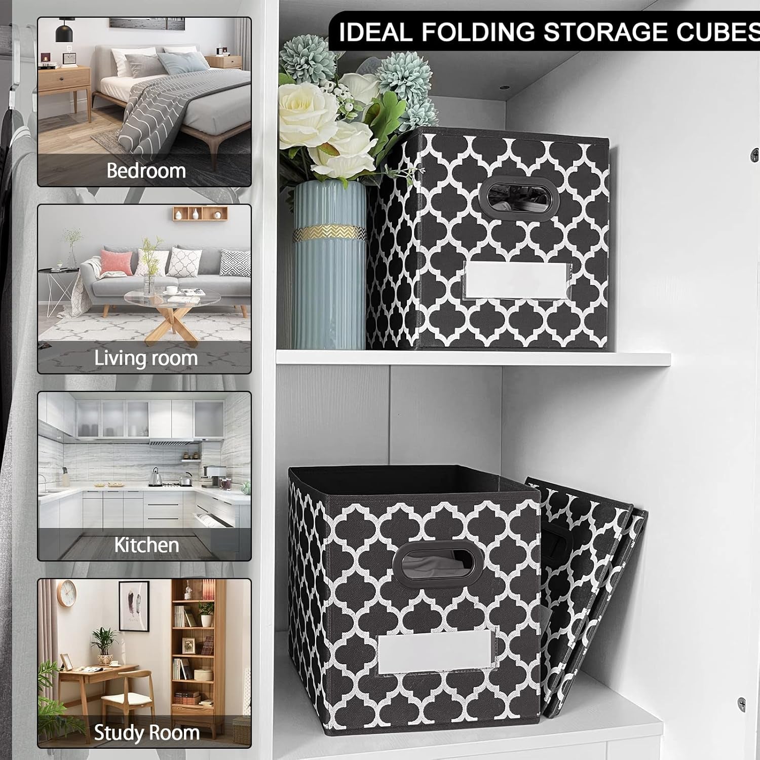 Cube Storage Organizer Bins 13X13 - Fabric Storage Cubes Bin Foldable Baskets Square Box with Labels and Dual Plastic Handles for Shelf, Nursery, Cabinet, Clothes, Toys, Set of 4 (Black)