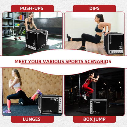 3-In-1 Rotatable Plyometric Jump Box, Jumping Exercise Trainer with anti Slip Surface & High Density Foam, Fitness Training, Easy to Clean, 16’’ × 20’’ × 24’’, Black/White