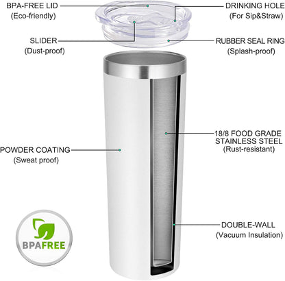 Stainless Steel Tumblers Bulk 12 Pack, 20 Oz Vacuum Insulated Skinny Tumblers with Lids and Straws, Double Wall Coffee Mug, Travel Water Cup, White