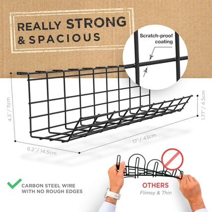 under Desk Cable Tray, Modern Black, 17 Inch, Maximises Airflow, Easy to Install, Modular Cable Rack Storage Shelf