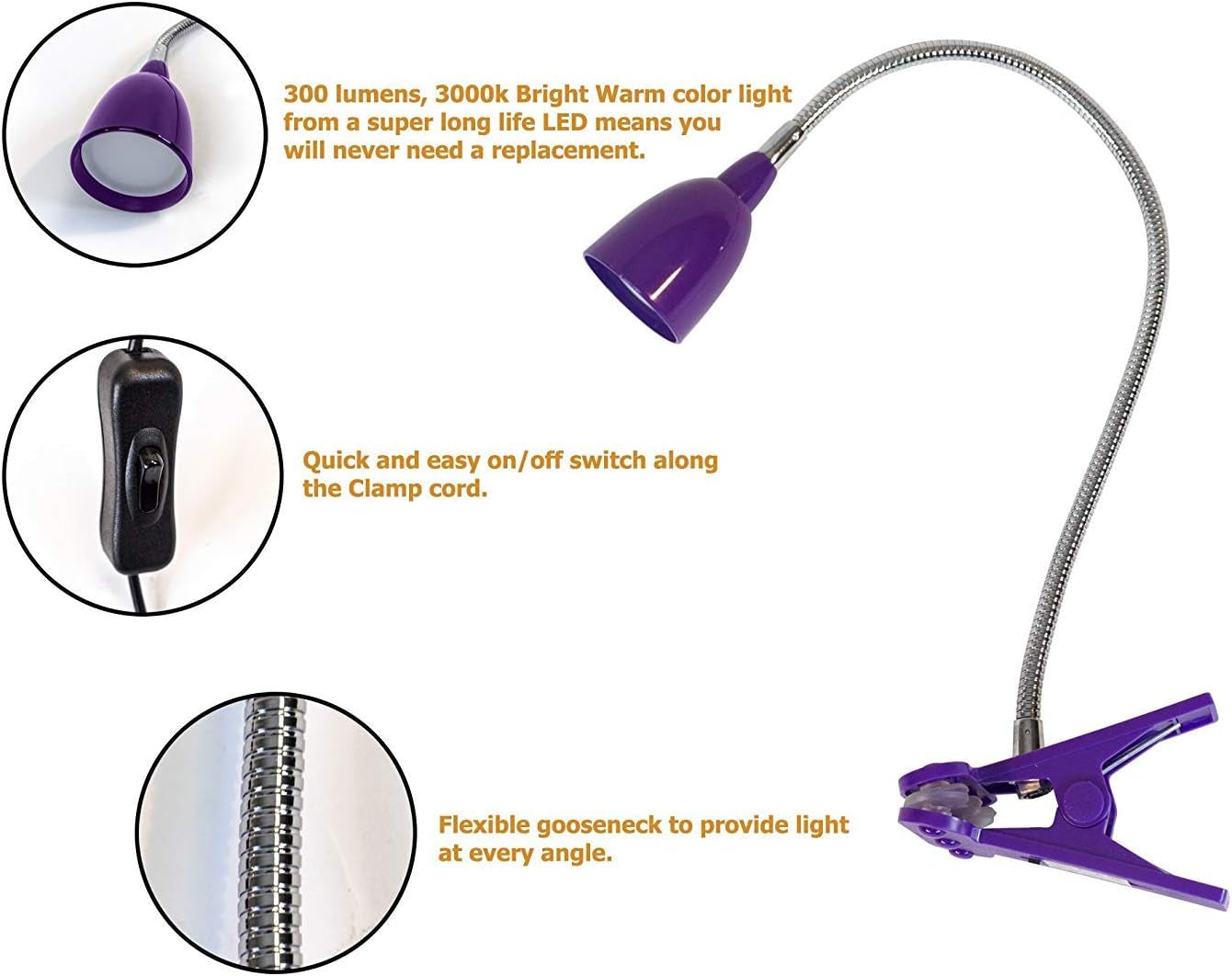 LED Clip on Light/Clamp Lamp/Reading Book Light for Desk, Bed, Office, and Dorm Room, Purple