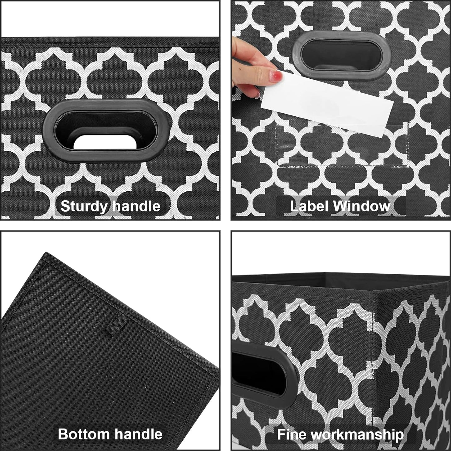 Cube Storage Organizer Bins 13X13 - Fabric Storage Cubes Bin Foldable Baskets Square Box with Labels and Dual Plastic Handles for Shelf, Nursery, Cabinet, Clothes, Toys, Set of 4 (Black)