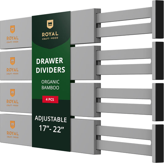 Bamboo Drawer Dividers Organizers, Adjustable Drawer Separator Splitters, 17–22 Inches Expandable Drawer Divider Organizer for Large Utensils, Kitchen, Bedroom, Dresser & Office Drawers 4-Pack, Gray