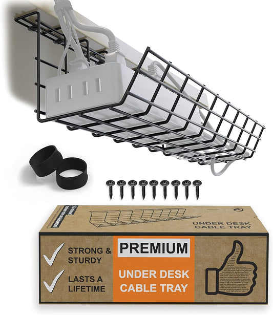 under Desk Cable Tray, Modern Black, 17 Inch, Maximises Airflow, Easy to Install, Modular Cable Rack Storage Shelf