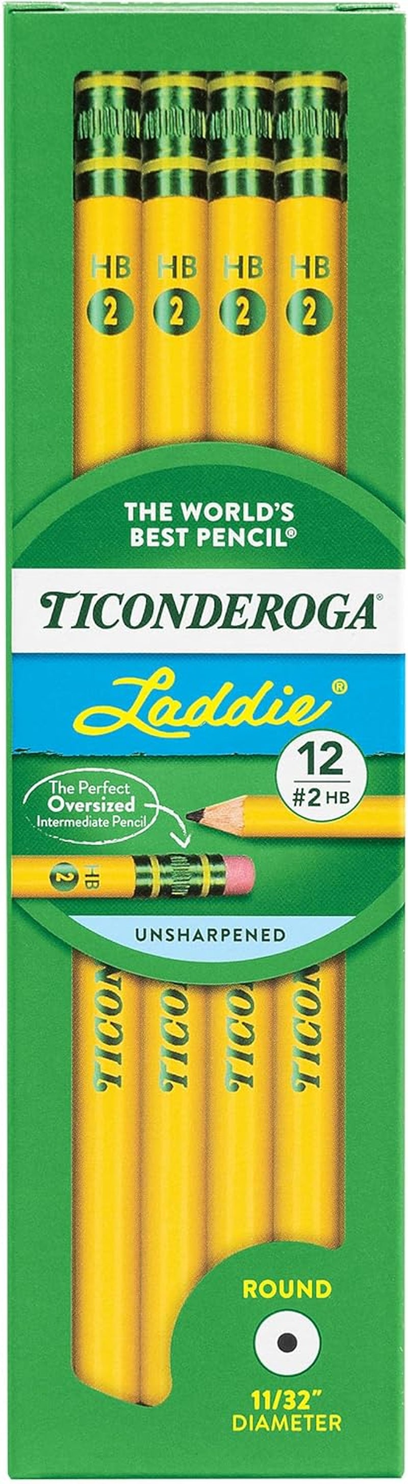 Laddie Wood-Cased Pencils, 2 HB Soft, with Erasers, Yellow, 12 Count