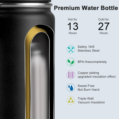16 Oz Water Bottle Stainless Steel Double Wall Vacuum Insulated Water Bottle for School Wide Mouth Sports Bottle with Leakproof Spout Lid (Black)
