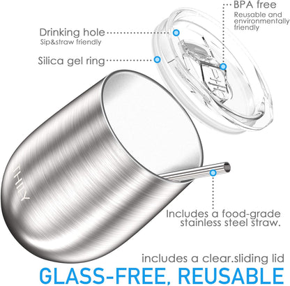 Metal Stemless Insulated Wine Glass T1 Triple-Insulated Stainless Steel Wine Tumbler with Lid and Straw, Reusable, Keep Cold & Hot for Wine, Coffee, Drinks, Champagne, Beverage, Silver