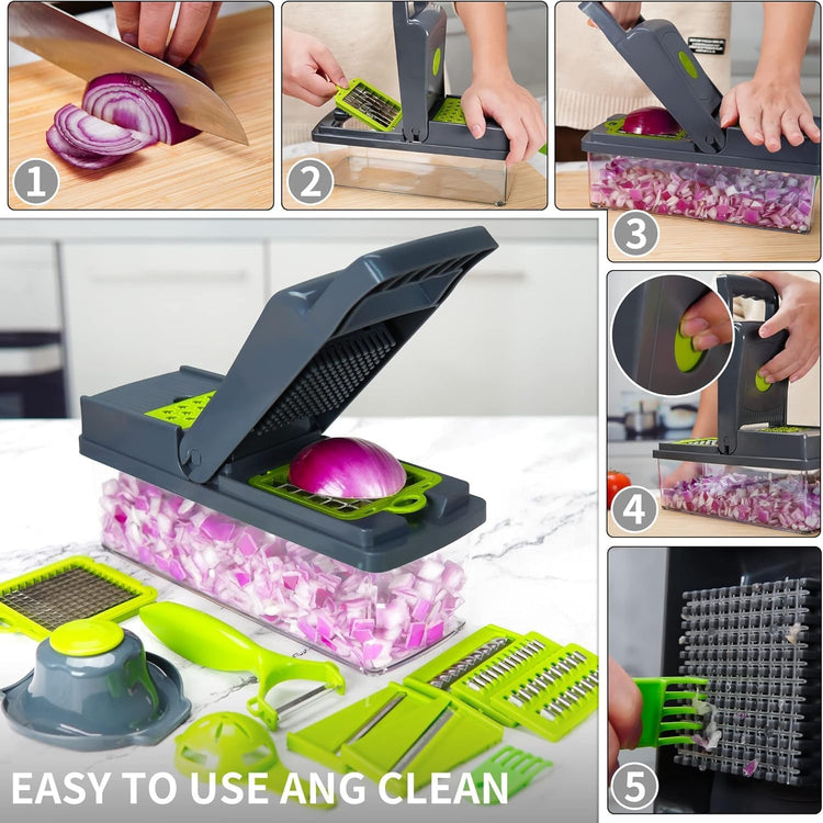 16 in 1 Vegetable Chopper and Food Chopper with Container, Onion Slicer Cutter Dicer, Veggie Cutter with 7 Blades for Carrot Salad Garlic Potato (Design 2)