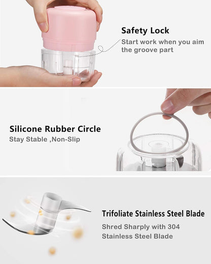 Wireless Mini Electric Food Processor for Garlic Chopper,Dicing, Mincing & Puree (100 Ml, Pink)