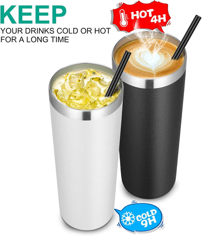Stainless Steel Tumblers Bulk 12 Pack, 20 Oz Vacuum Insulated Skinny Tumblers with Lids and Straws, Double Wall Coffee Mug, Travel Water Cup, White