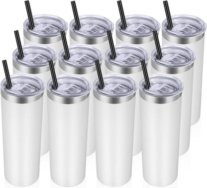 Stainless Steel Tumblers Bulk 12 Pack, 20 Oz Vacuum Insulated Skinny Tumblers with Lids and Straws, Double Wall Coffee Mug, Travel Water Cup, White