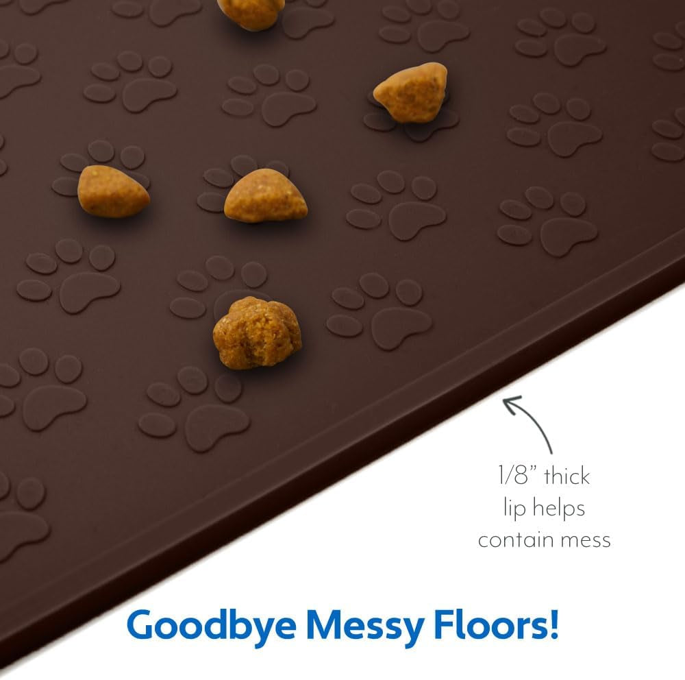 100% Waterproof Dog Food Mat, Raised Edges Silicone Pet Feeding Placemat for Cat, Dogs, Pet Bowls, High Lipped Tray Prevents Water Spills, Food on Floor, Dishwasher Safe, 24X16, Brown