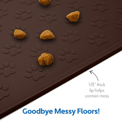 100% Waterproof Dog Food Mat, Raised Edges Silicone Pet Feeding Placemat for Cat, Dogs, Pet Bowls, High Lipped Tray Prevents Water Spills, Food on Floor, Dishwasher Safe, 24X16, Brown