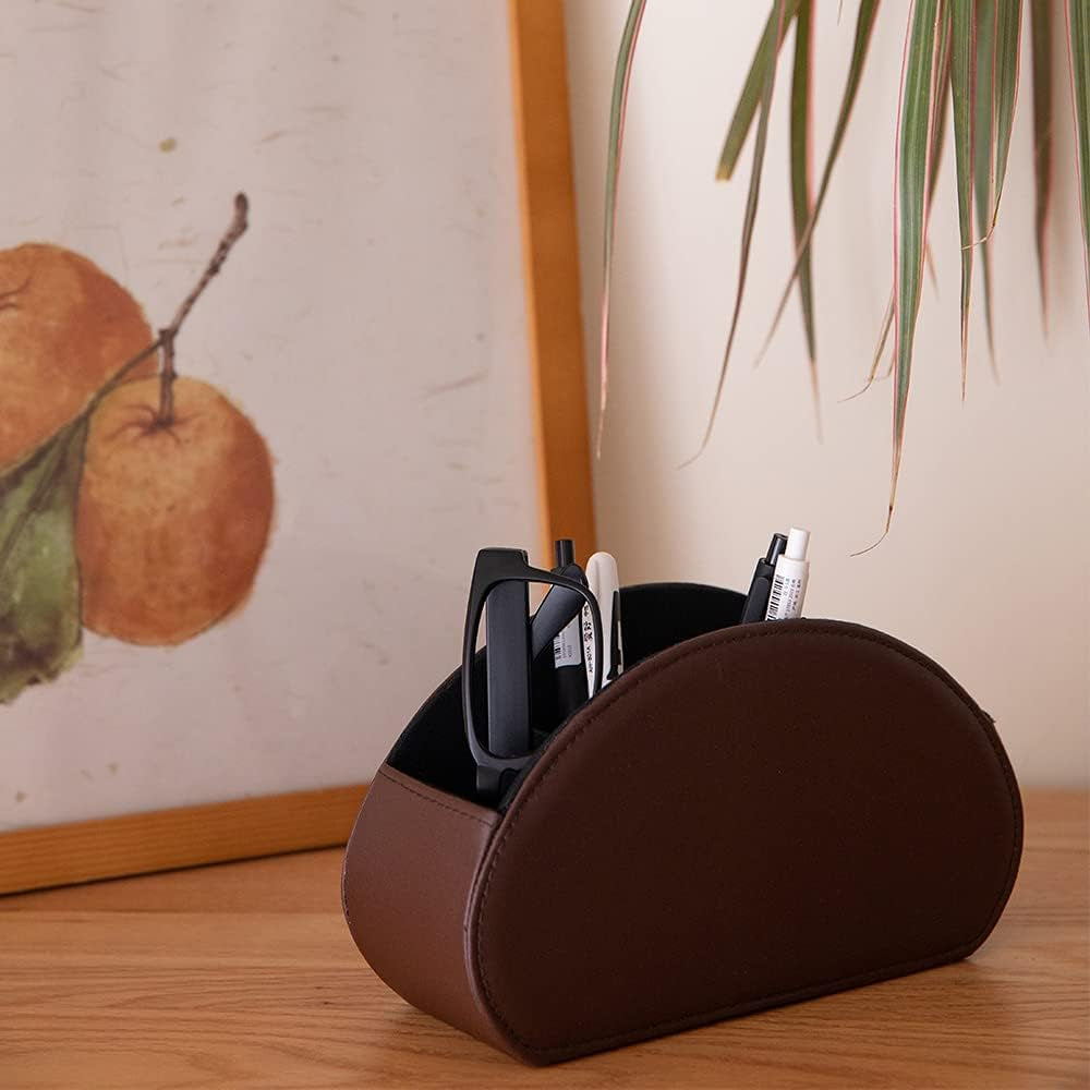 Remote Control Holder Organizer Table Desk Leather Control Storage TV Remote Control Organizer with 5 Spacious Compartments (Dark Brown)