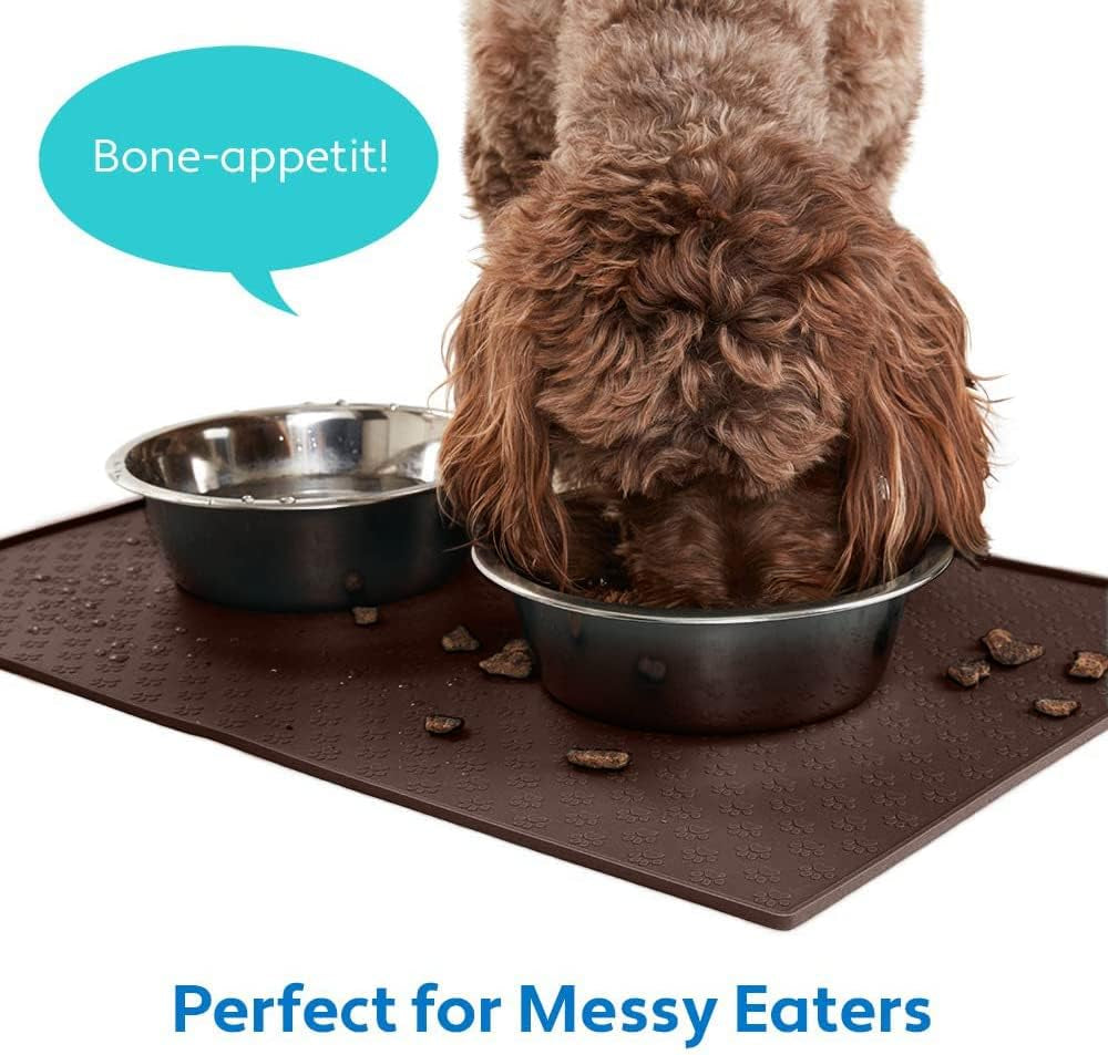 100% Waterproof Dog Food Mat, Raised Edges Silicone Pet Feeding Placemat for Cat, Dogs, Pet Bowls, High Lipped Tray Prevents Water Spills, Food on Floor, Dishwasher Safe, 24X16, Brown