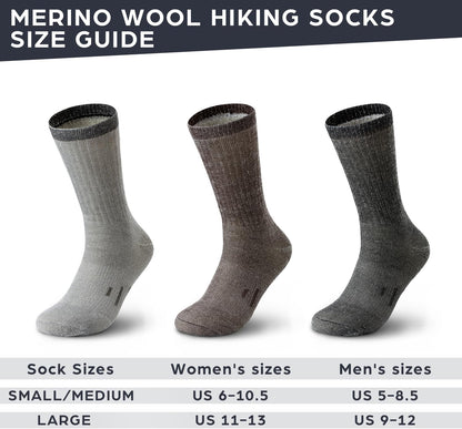 Merino Wool Socks for Men Women - 3 or 6 Pairs 80% Wool - Hiking Socks Warm Socks Crew Style Thermal Moisture Wicking