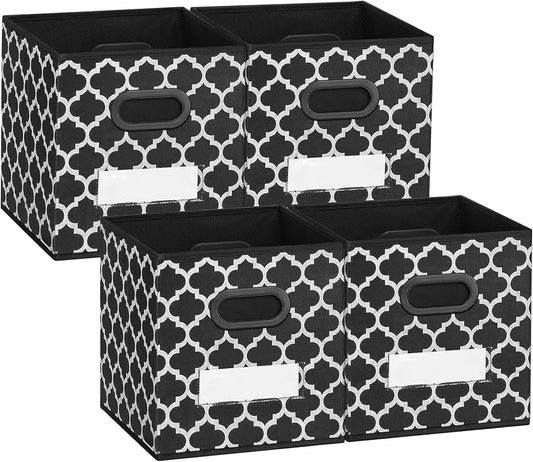 Cube Storage Organizer Bins 13X13 - Fabric Storage Cubes Bin Foldable Baskets Square Box with Labels and Dual Plastic Handles for Shelf, Nursery, Cabinet, Clothes, Toys, Set of 4 (Black)