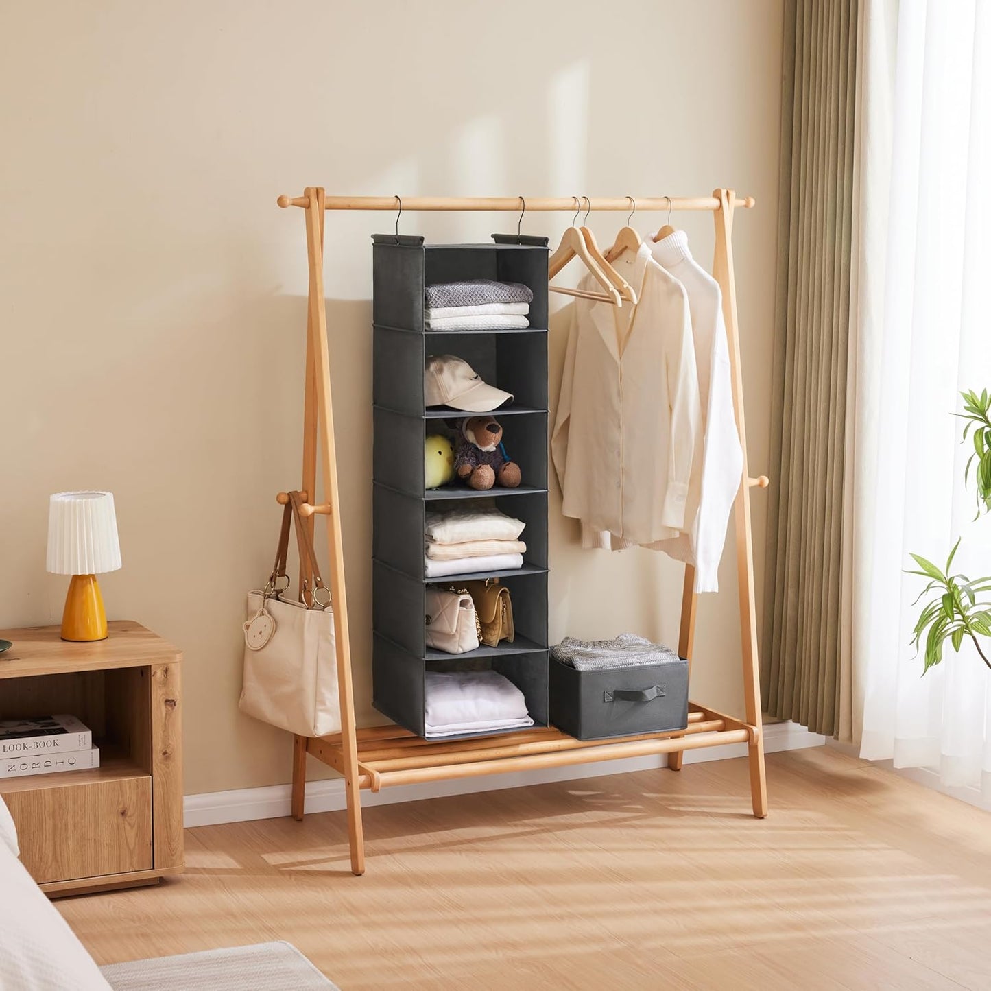 6 Tier Shelf Hanging Closet Organizer, Closet Hanging Shelf with 2 Sturdy Hooks for Storage, Foldable (Grey)