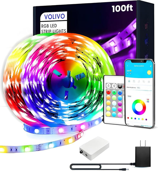 100Ft Led Strip Lights for Bedroom, Color Changing Led Light Strips Kit with 24 Keys IR Remote and Smart App Control, RGB Music Sync Lighting for Room, Home Decor