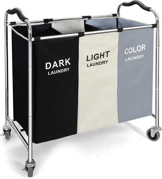 Laundry Basket with Wheels, 240L Laundry Hamper with 3 Section Laundry Bag for Dirty Clothes, Dorm Room Essentials, Towel Organization & Toys Storage Laundry Cart in Laundry Room Organization