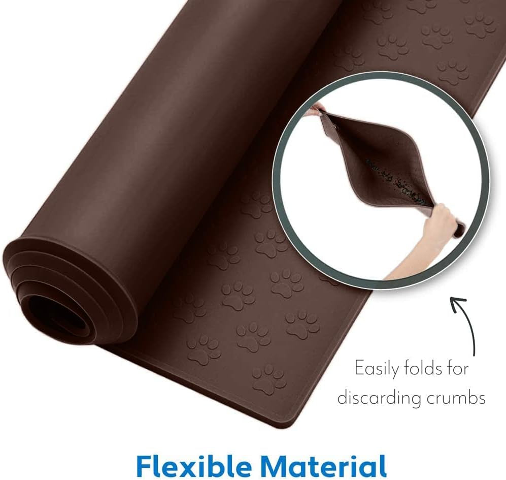 100% Waterproof Dog Food Mat, Raised Edges Silicone Pet Feeding Placemat for Cat, Dogs, Pet Bowls, High Lipped Tray Prevents Water Spills, Food on Floor, Dishwasher Safe, 24X16, Brown