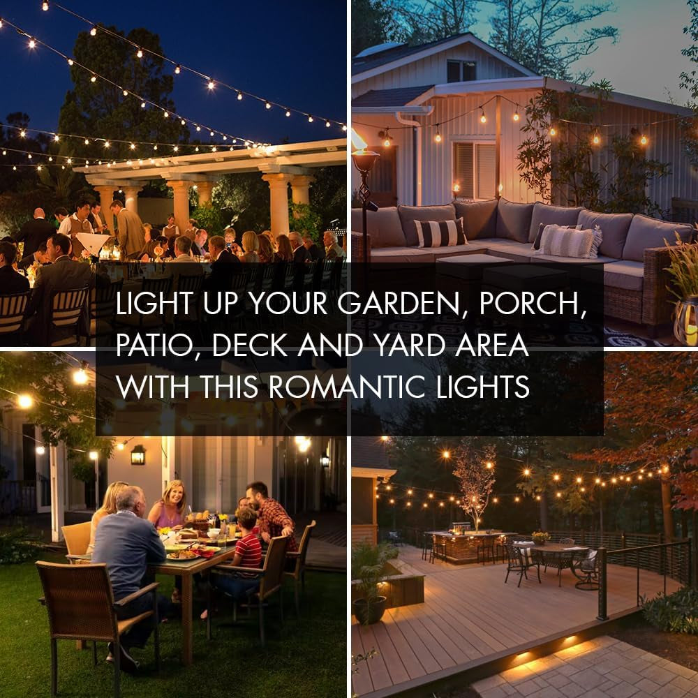 Outdoor String Lights, 96FT Patio Lights with 32 LED Shatterproof Bulbs, Hanging for Outside, Garden, Backyard, Deck, Porch, Fence, Bistro, Pool, Party