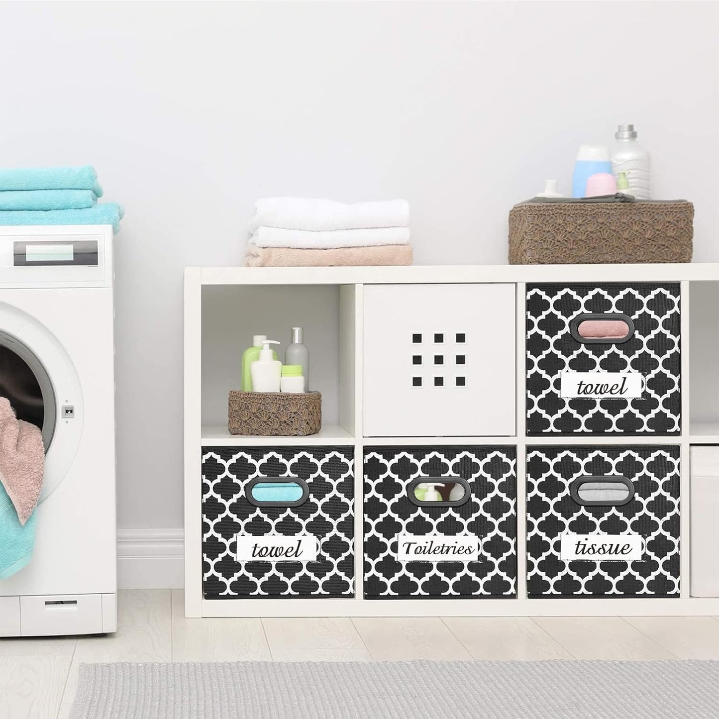 Cube Storage Organizer Bins 13X13 - Fabric Storage Cubes Bin Foldable Baskets Square Box with Labels and Dual Plastic Handles for Shelf, Nursery, Cabinet, Clothes, Toys, Set of 4 (Black)