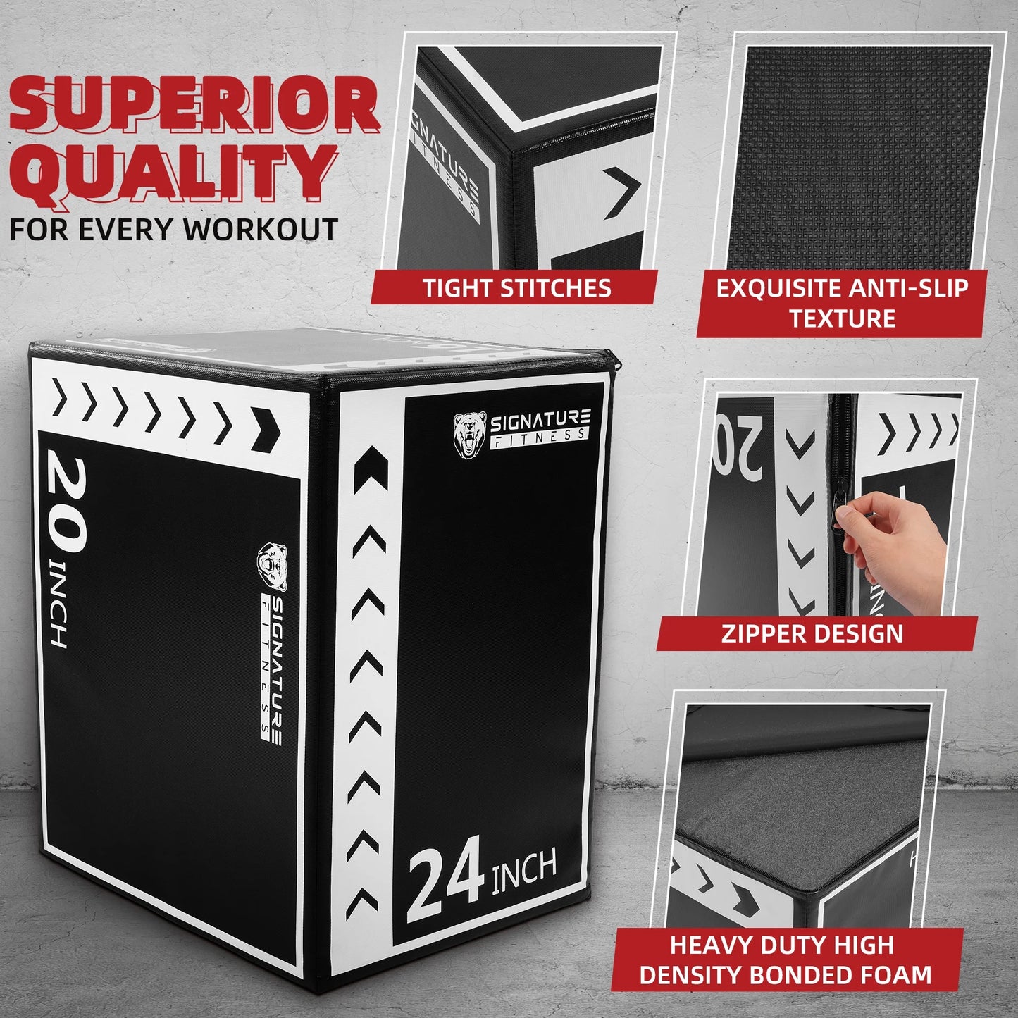 3-In-1 Rotatable Plyometric Jump Box, Jumping Exercise Trainer with anti Slip Surface & High Density Foam, Fitness Training, Easy to Clean, 16’’ × 20’’ × 24’’, Black/White
